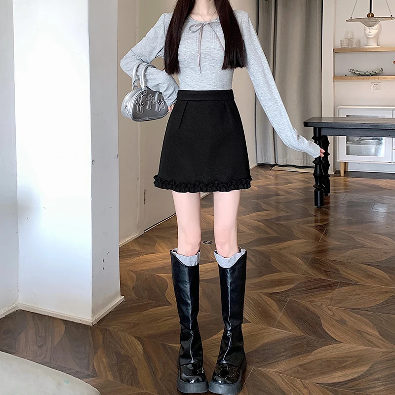 Neue Koreanische Stil Nette Spitzen Mini Rock Frauen Mode Herbst Winter Hohe Taille Woolen Röcke Damen Casual Wolle Kurze Röcke