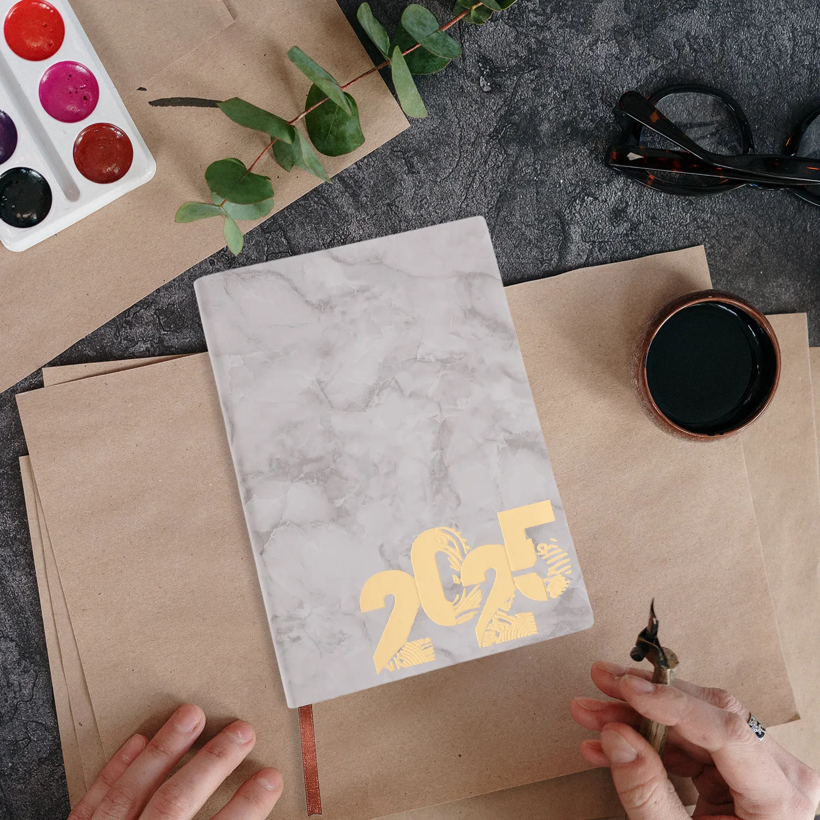 2025 Marble Pattern Daily Weekly Monthly Planner Agenda Book English Layout Office Supplies for Women Men Portable Productivity
