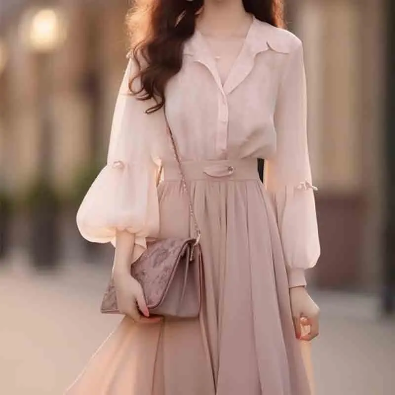 Imagem -02 - Conjunto de Saia e Camisa de Chiffon Rosa para Mulheres Manga Comprida Terno de Senhora do Escritório Elegante Casual Moda Coreana Doce Primavera Outono Novo Peças