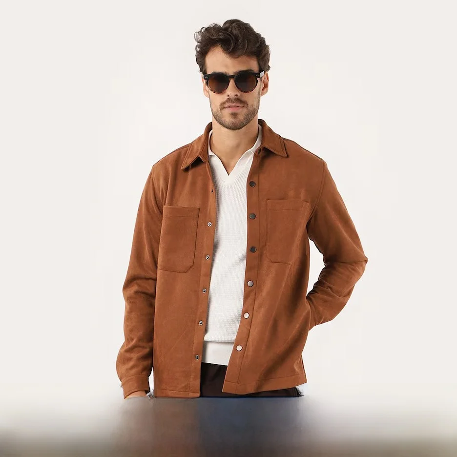 

Men's Casual Long Sve Suede irt Elastic Vintage Sle Jaet Outerwear Breathable Polyester Fiber Stand Fit Pookytage
