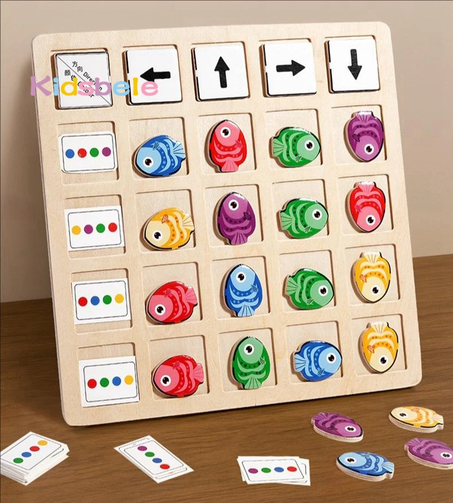 モンテッソーリ論理的思考玩具 – 指示、色認識、問題解決のための木製パズルボード