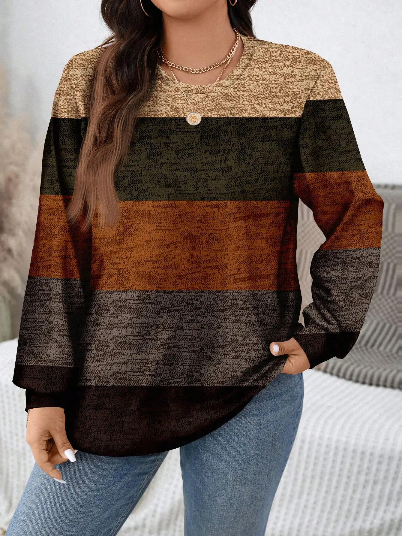 

Plus Size Striped Round Neck Loose Sweatshirt for Fall Winter Casual Wear