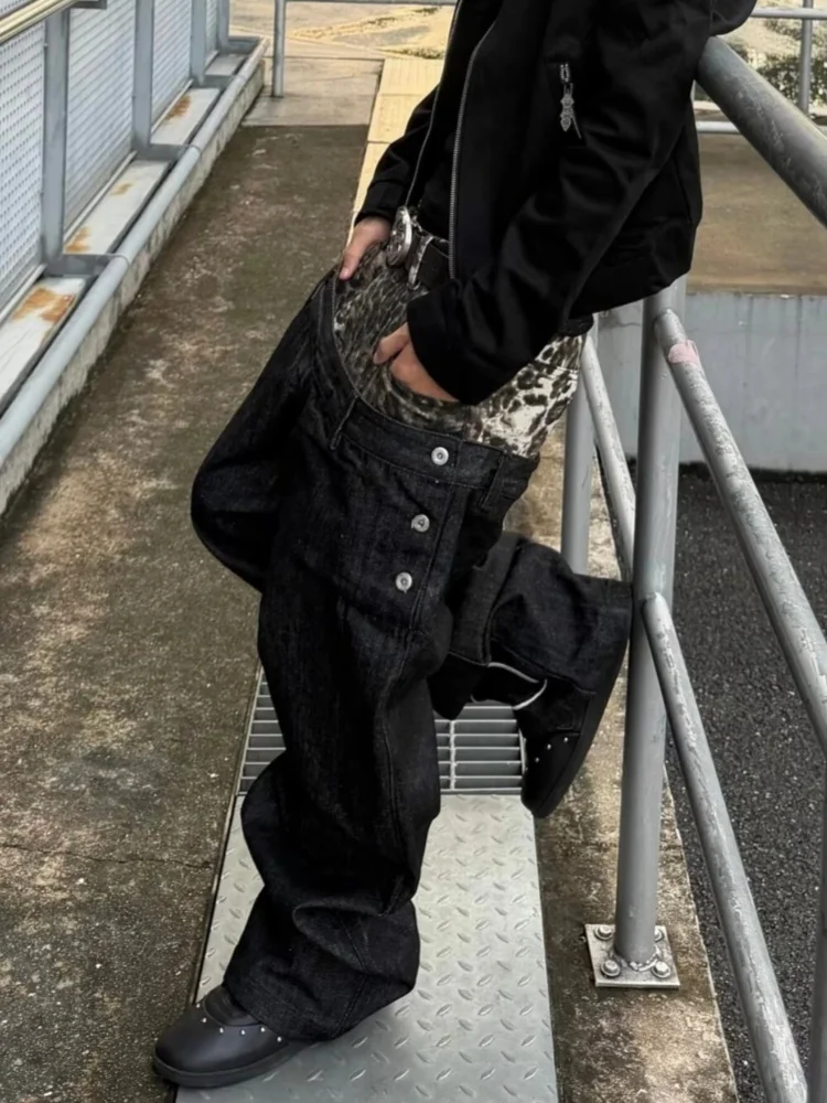 2026 Punk Y2K Style Double Waistband Leopard Patchwork Baggy Stacked Jeans Pants For Men Clothing Streetwear Loose Long Trousers