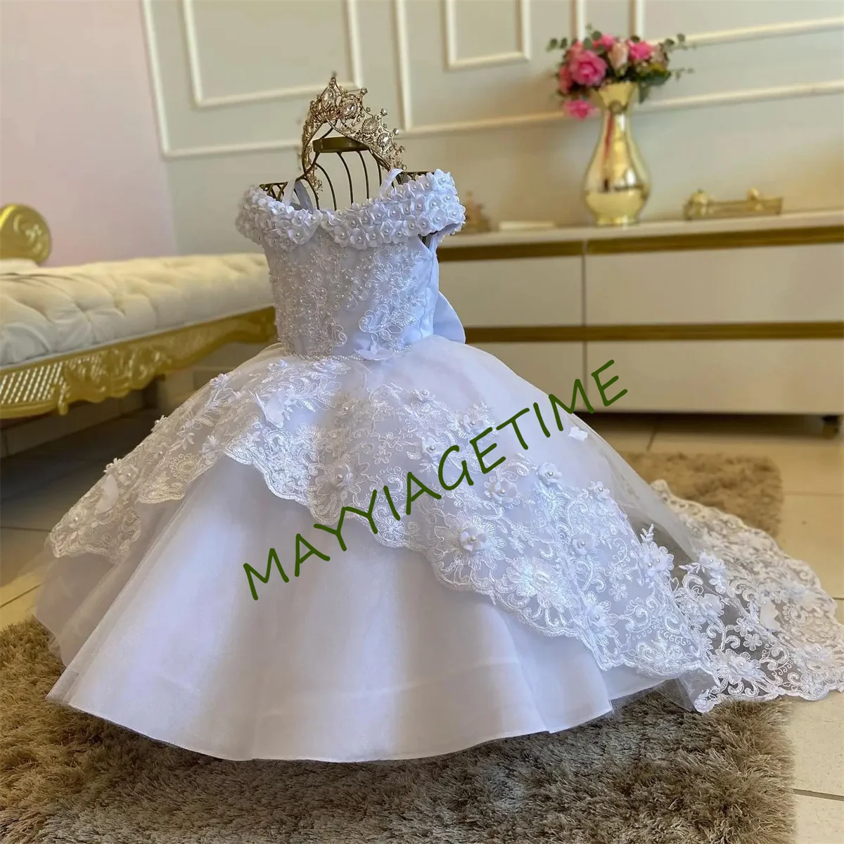 Abito da ragazza di fiori di perle bianche per matrimonio abito da prima comunione di natale in Tulle con perline per la festa di compleanno della principessa senza maniche