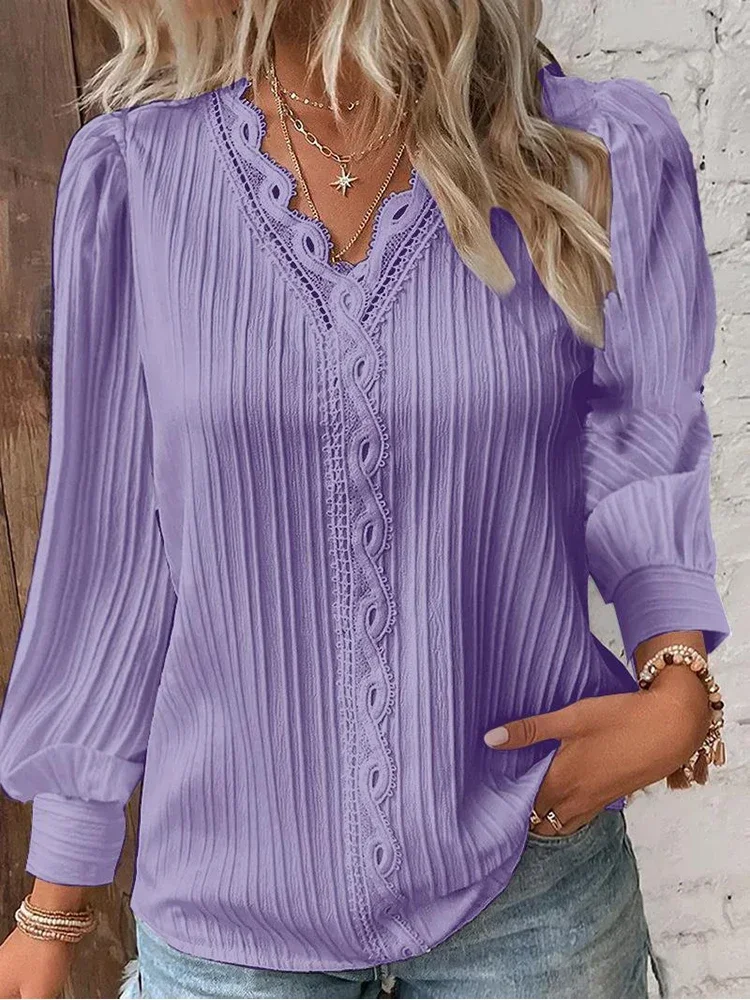 Stitching V-neck Long Sleeve Women\'s Pullover Chiffon Shirt Lace Stitching Shirt Loose Fall Top Simple Elegant Street Blouse