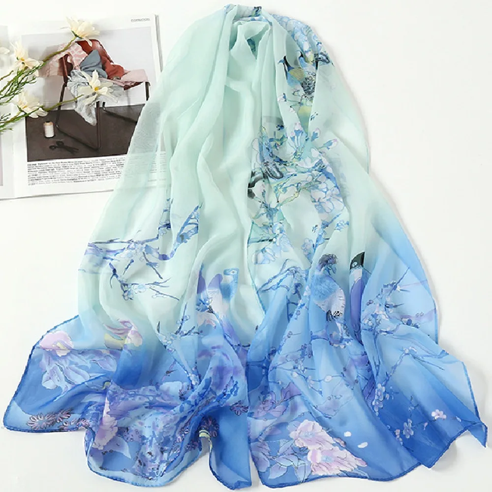 Fashion 160*50cm Chiffon Scarf Sunscreen Gradient Shawl Silk Washable Flower Print Beach Gauze Scarf for Women
