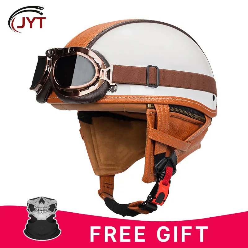 Half Face Helmet Leather Low Profile Motorcycle Helmets Vintage Motorbike Helmets Men Women Unisex Scooter Cruiser DOT Approved