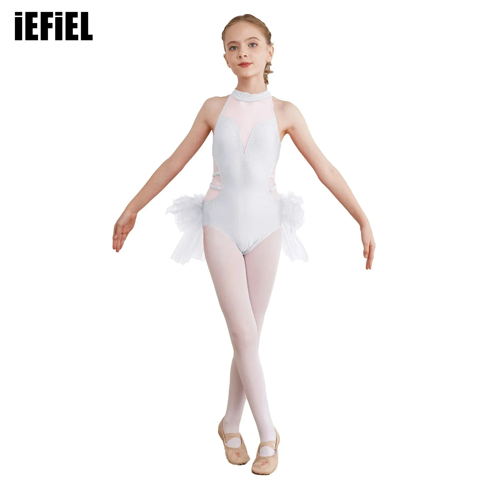 

Kids Girls Dance Leotard Rhinestone Sheer Mesh Patchwork Mock Neck Sleeveless Feather Costume Tulle Skirted Bodysuit