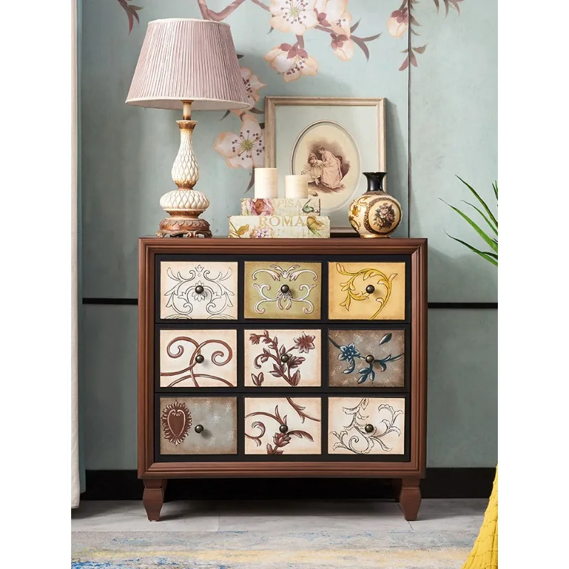 American solid wood three-bucket cabinet, living room furniture, bedroom drawer cabinet, retro painted storage, porch cabinet wh