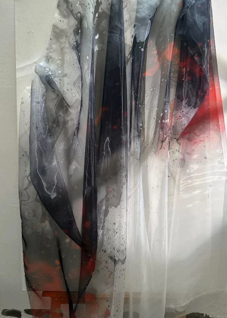 1yard Translucent organza fabricsfor clothing,Ink painting smudging tela,DIY Wedding dress,background,designer fabric