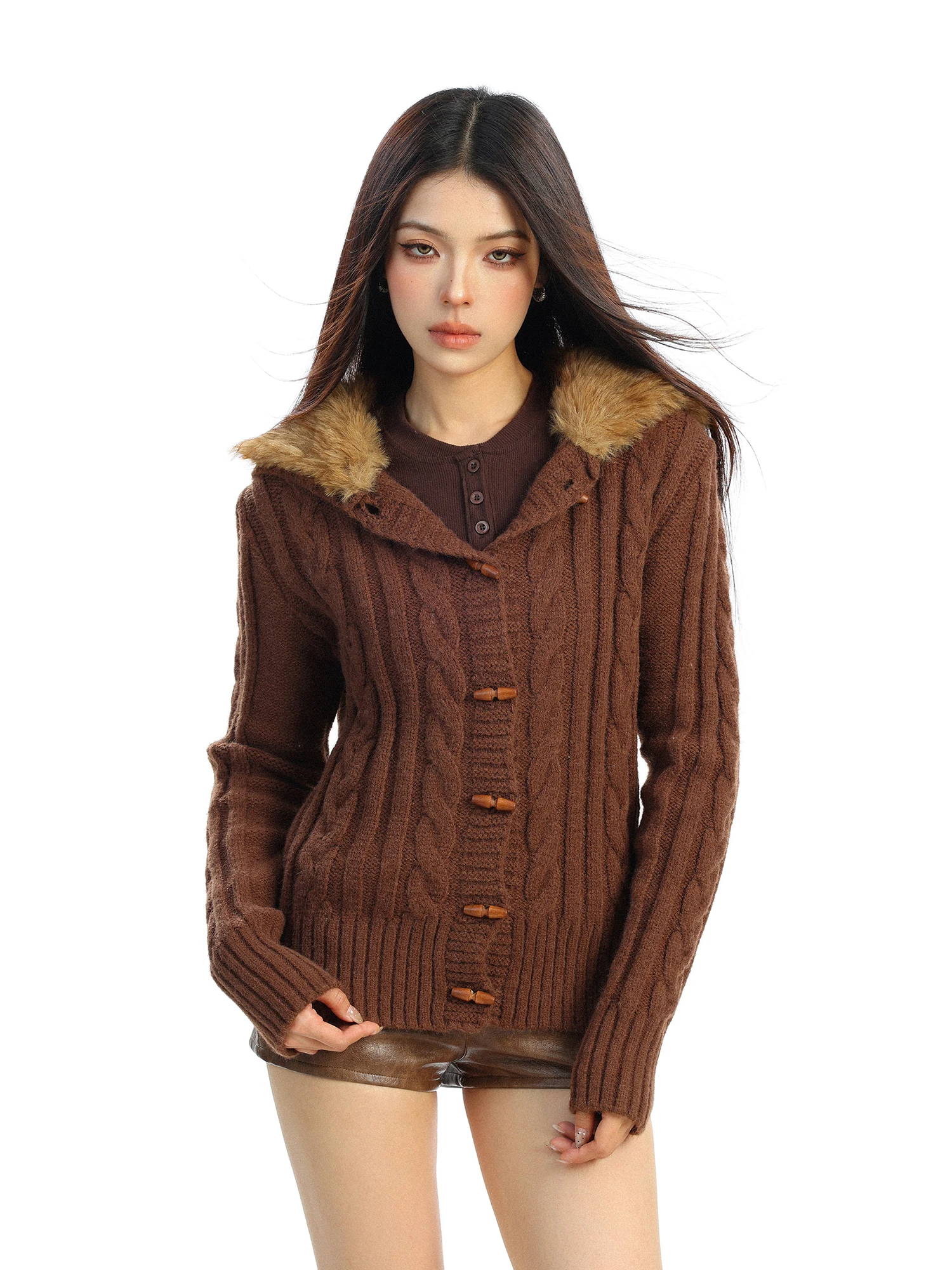 

Мягкий уютный женский вязаный свитер с меховым воротником, длинными рукавами, на пуговицах, повседневный, приталенный, для весны, осени и зимы