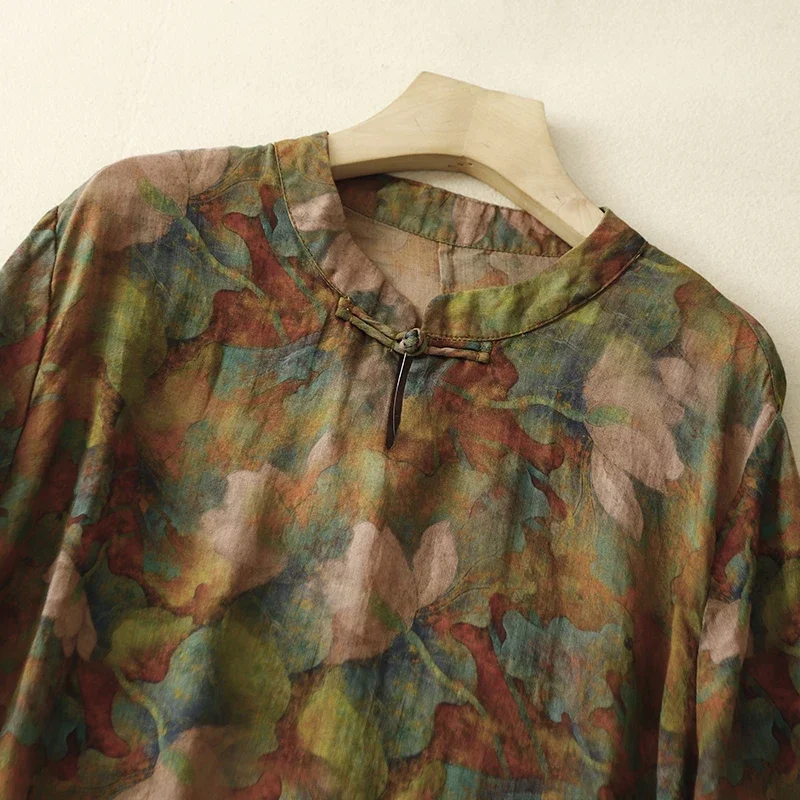 Cotton Linen Women's Clothing 2024 Summer New Ramie Print Vintage Stand Collar Half Sleeve Loose Casual Shirt Dress R321