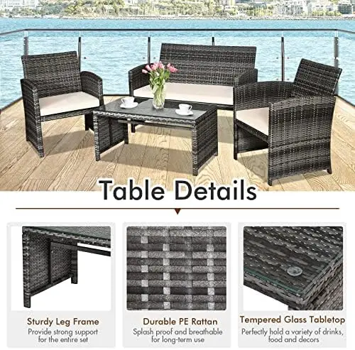 4-delige rotan terrasset, rieten buitenbank met kussens en glazen tafel (beige)