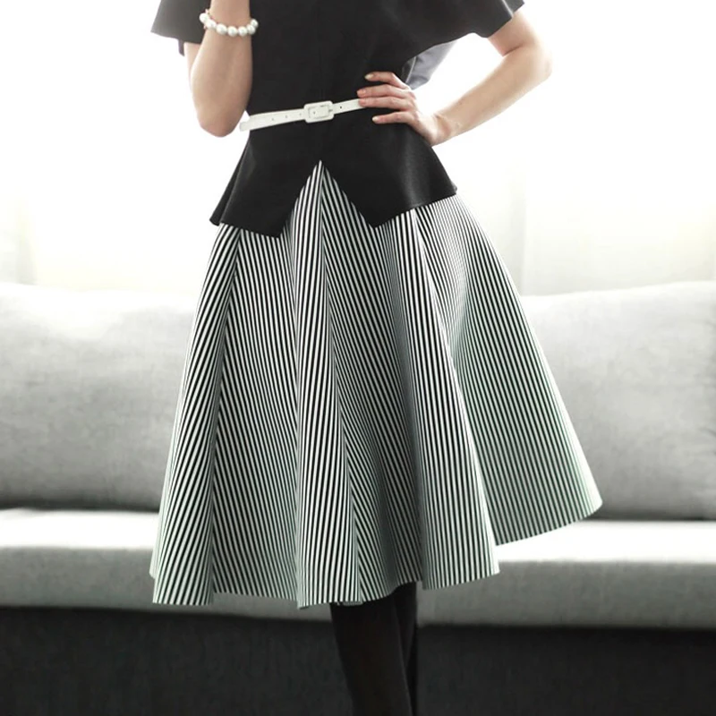 Spring Scuba A-line Swing Long Skirt Elastic Waist Vertical Striped Mid-calf Long Skirts