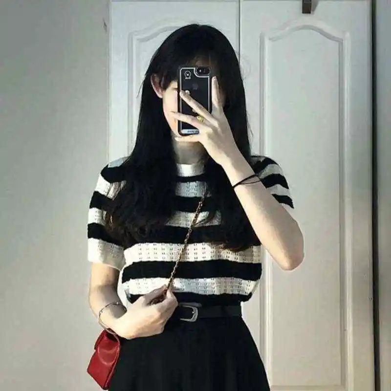 

Summer Striped Sweater ort Sve Tirt Women's Korean Sle Polyester Cotton Blend Thiened round Ne Button up Coat
