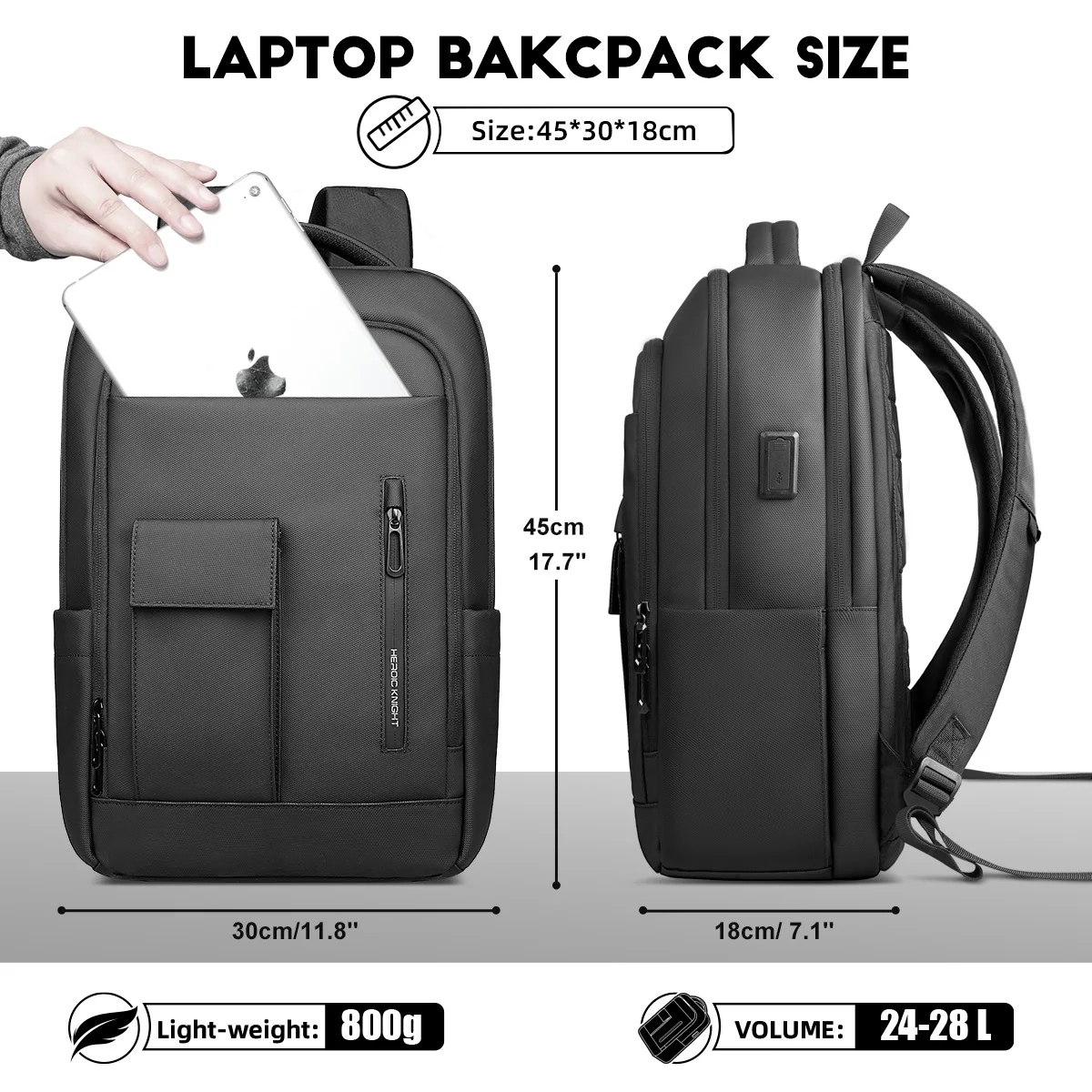 حقيبة ظهر للعمل مقاومة للماء من HK للرجال مضادة للسرقة مقاس 17 بوصة للكمبيوتر المحمول مع منفذ USB حقيبة ظهر للسفر للعمل والمكتب وحقائب مدرسية #5