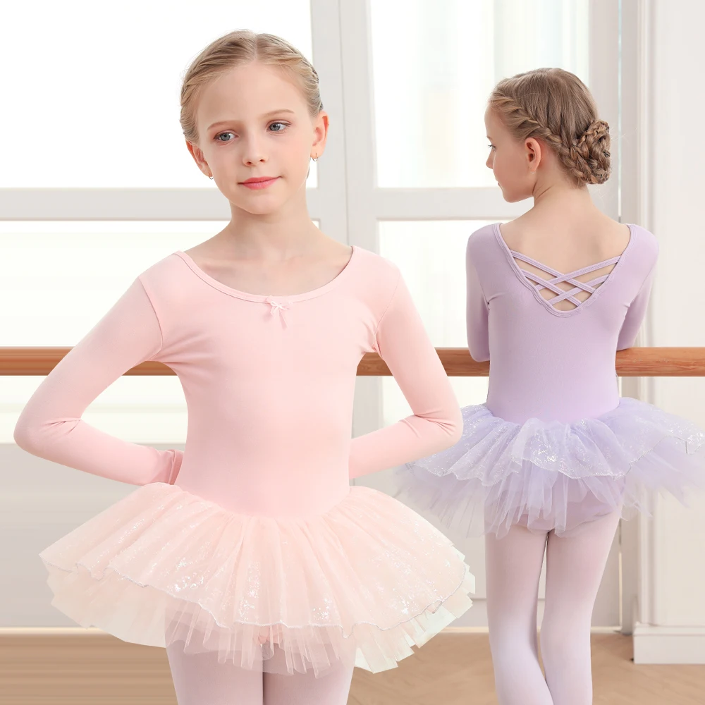 Girls Long Sleeve Ballet Leotards with Shinny Skirts Criss-Cross Back Dance Dresses