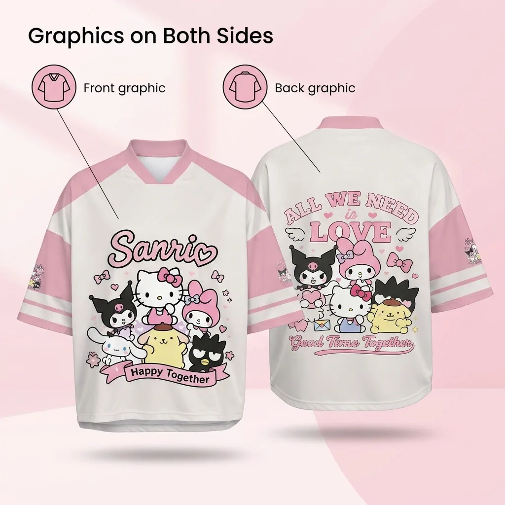 Sanrio All Stars T-Shirt Pink White Color Block V-Neck Oversized Jersey Cute Front Back Print Kawaii Streetwear Casual T-shirt view 2