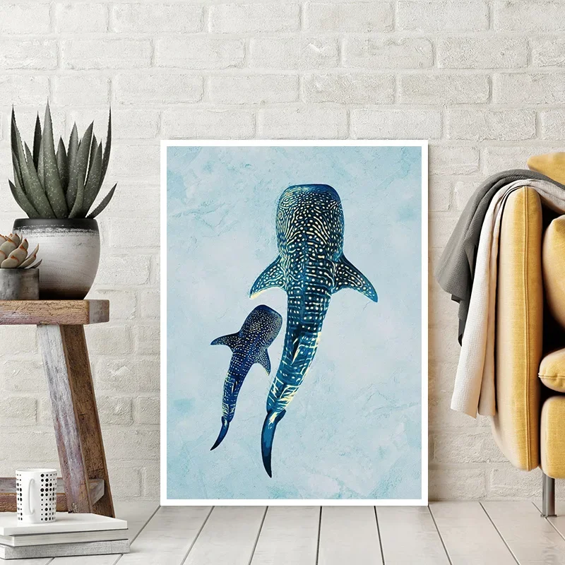 Classical Vintage Giant Creatures In The Ocean Canvas Painting Wall Decor Manta Ray Turtle Whale Shark Art Poster Print Picture