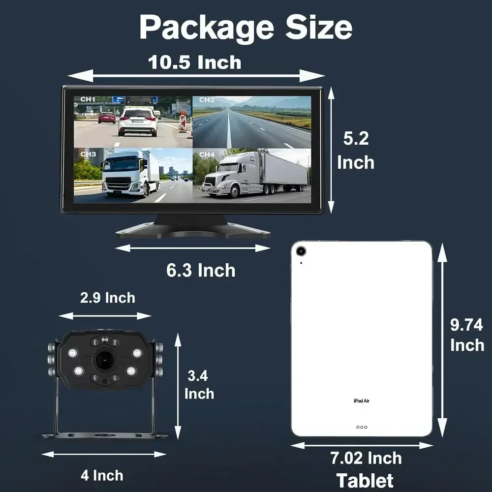 Truck RV Backup Camera System, 10.36'' Touch Screen Monitor with DVR Loop Recording, Smart BSD Alert, 4 HD 1080P IP69 Waterproof view 3