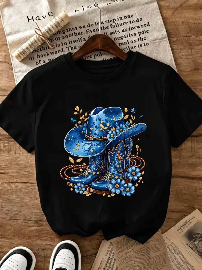 Women's Oversized Crew Neck T-Shirt Comfortable And Soft 4 Season Basic Tee Blue Cowboy Hat Boots And Flowers Pattern Fun Prints