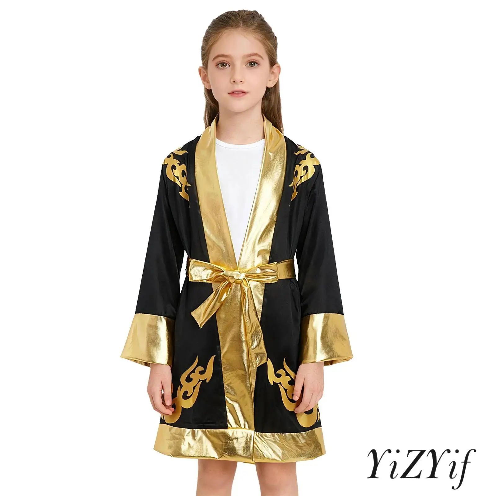 

Kids Boys Girls Boxing Training Costume Long Sleeve Open Front Metallic Color Block Satin Boxer Robe with Belt for Boxing Events