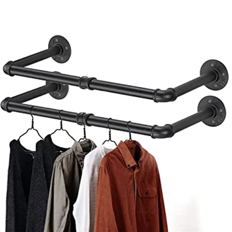 

Industrial Pipe Clothes Rack Wall Mounted Heavy Duty Pipe Shelves For Hanging Clothes Coats Laundry Room, Black Easy To Use-B09B
