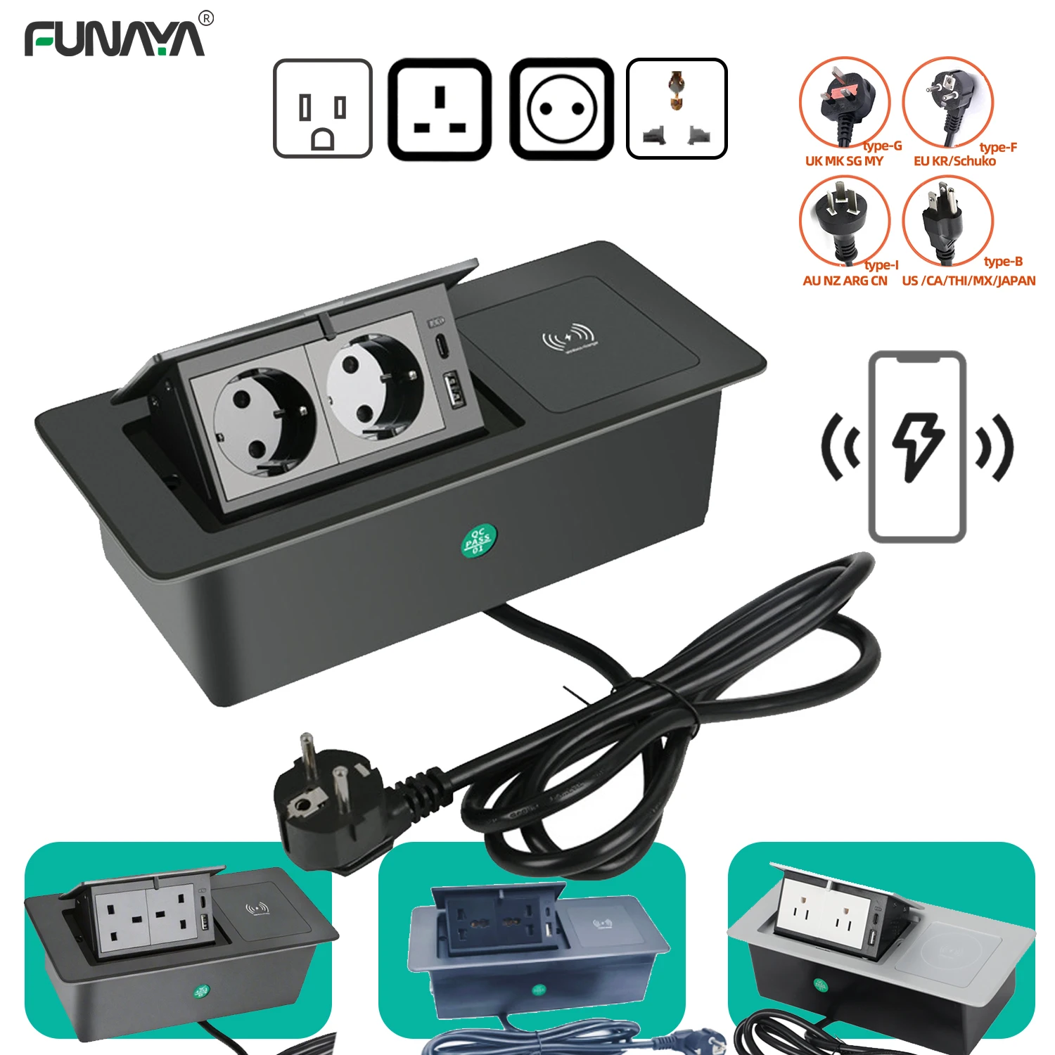 FUNAYA Pop Up Built-in Table EU KR UK US Universal Multi Socket Embedded Hidden Desktop Power Outlet USB A C Wireless Charging