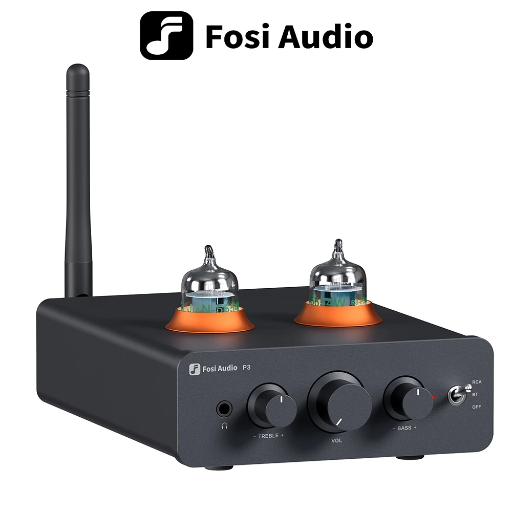 Fosi Audio P3 Bluetooth Tube Amplifier HiFi Stereo Preamplifier Valve Vacuum with Treble & Bass Tone Control For Home Speaker