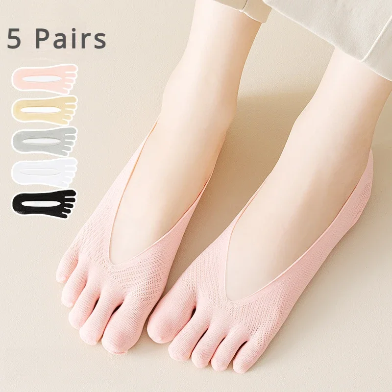 5 Pairs No Show Five Finger Socks Women Summer Mesh Anti-slip  Invisible Slippers Toe Socks Separate Fingers Ladies