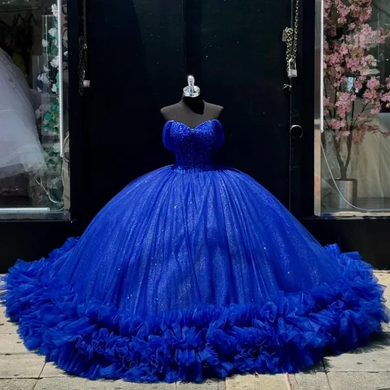 Королевские синие платья Quinceanera для 15 лет с открытыми плечами и бусинами, многоуровневые милые платья 16, Vestidos 15 De Fiesta по индивидуальному заказу