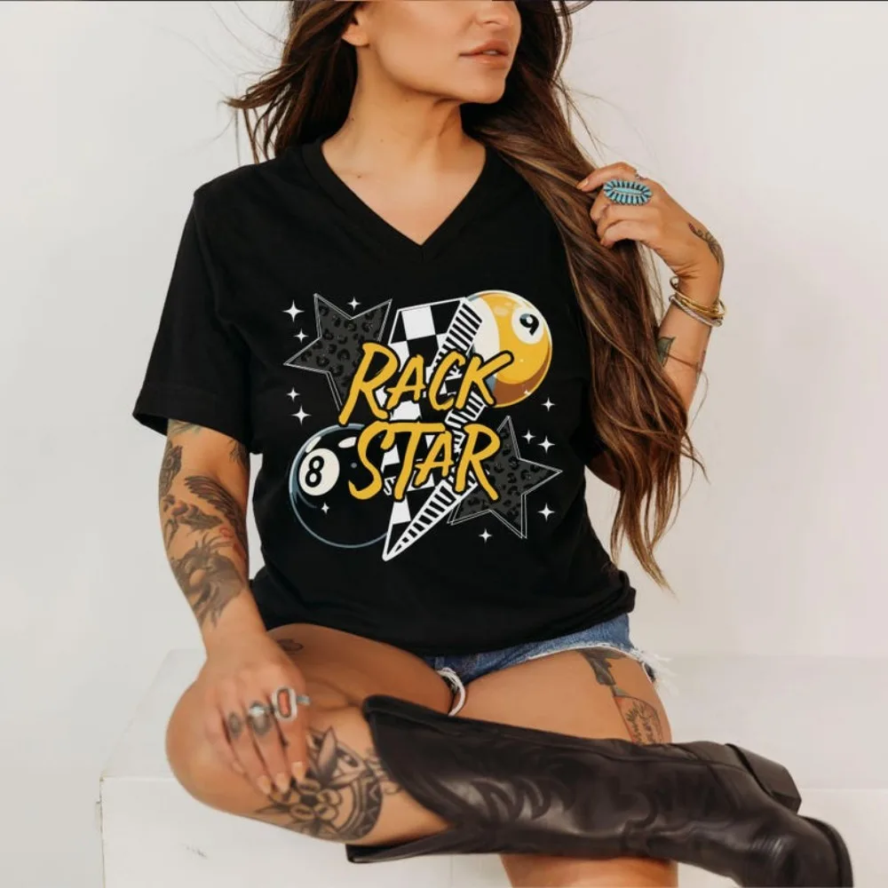 Engraçado piscina tshirt rack estrela piscina jogador feminino camiseta bonito bilhar na moda retro unisex roupas esportivas 8 bola e 9 bola camisa