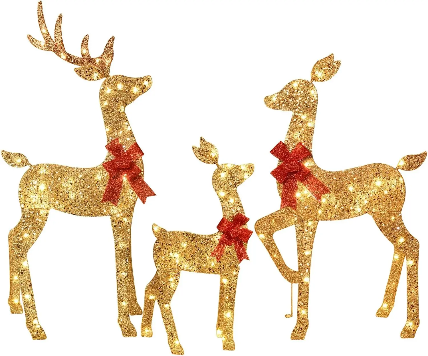 

3-Piece 2D Lighted Christmas Deer Family Set - Large Outdoor Yard Reindeer Holiday Decoration with 145 LED Lights, Stake