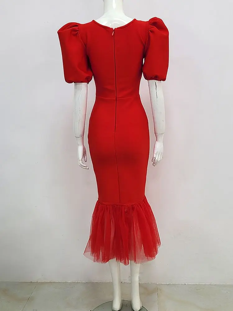 Robe de soirée à manches bouffantes pour femmes, tenue de soirée rouge, Sexy, moulante, col en V, mi-longue, style sirène, élégante, été, 2023