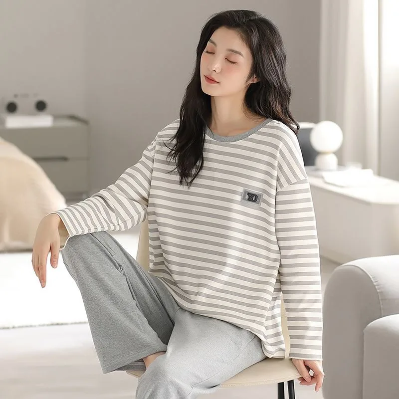 2024 New 100% Double-sided Pure Cotton Pajamas Women Spring Autumn Large-sized Long Sleeved Sleepwear Set Korean Casual Homewear