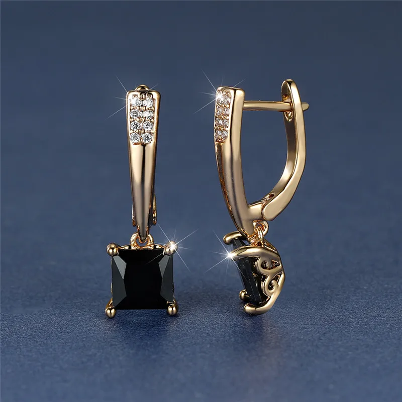 Trendy Female Geometric Crystal Earrings Antique Black Zircon Square Stone Earrings Champagne Gold Color Party Jewelry For Women