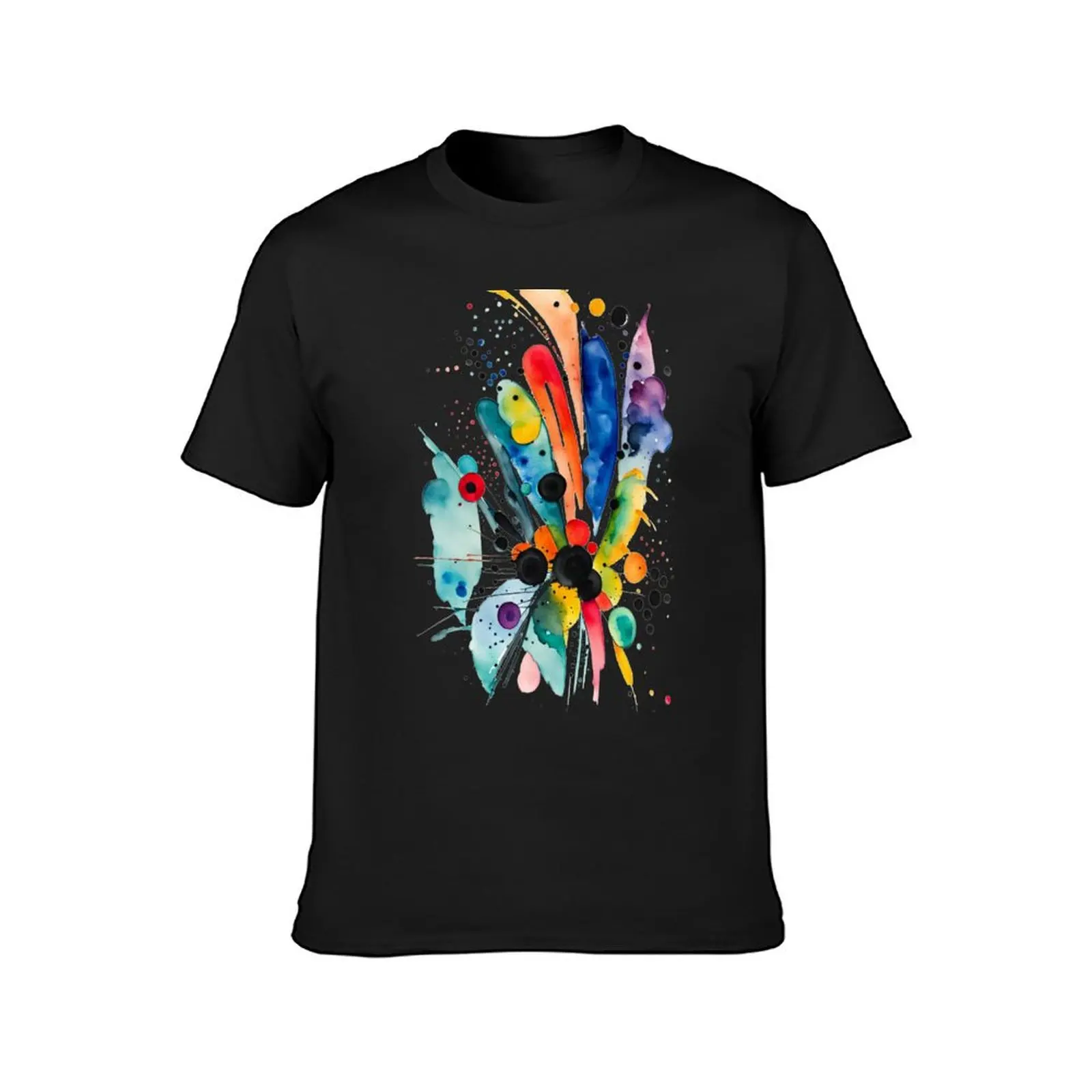 Colorful Abstract Splash In Watercolor Painting, Cirle, Dots, Blue, Green, Orange, Red, Yellow, Black T-Shirt tees men t shirt