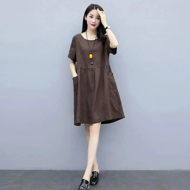 

Cotton and Linen Dress Women's Summer 2022 New Short-sleeved Middle-aged and Elderly Mother's Dress Loose Thin Belly Cover Skirt