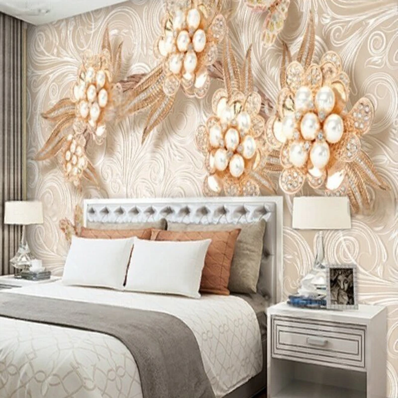 MU9165Custom Murals Wallpaper Luxurious jewelry diamond three-dimensional flower TV home decoration bedroom background wall