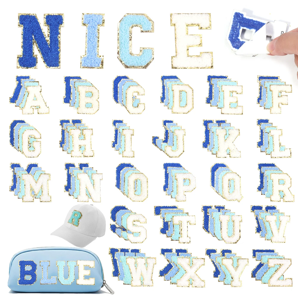 8pcs Blue Series 26 Letters Towel Embroidery Patch A-Z Self-adhesive Sticker Decoration For DIY Apparel Bag Crafts Accessories
