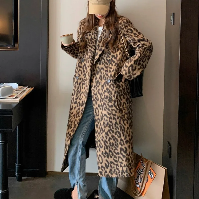 Cappotto di lana a maniche lunghe da donna, stampa leopardata classica, stile sciolto, moda femminile, capispalla lungo, Casual, Versatile, invernale