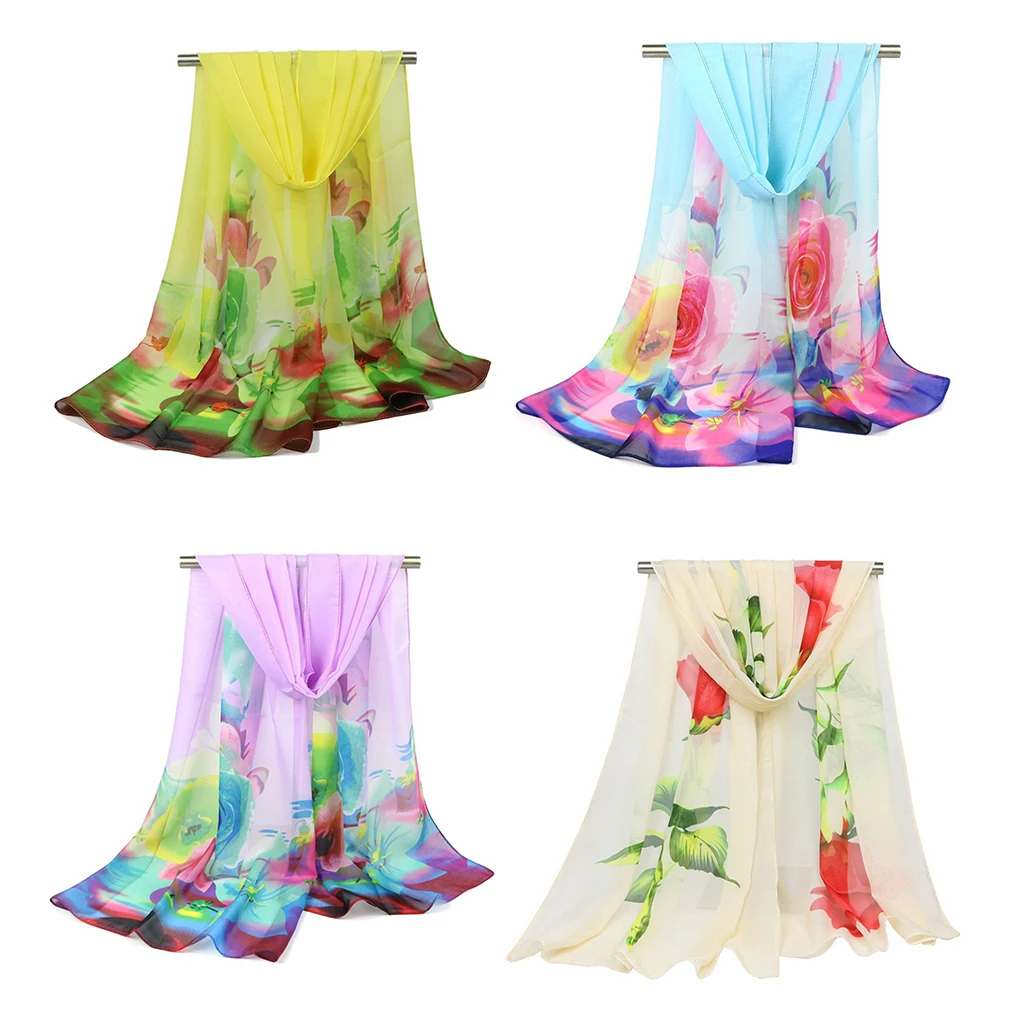 Women Flower Printed Scarf Chiffon Sun Protection Shawls Ladies Wraps Scarves Gauze Kerchief