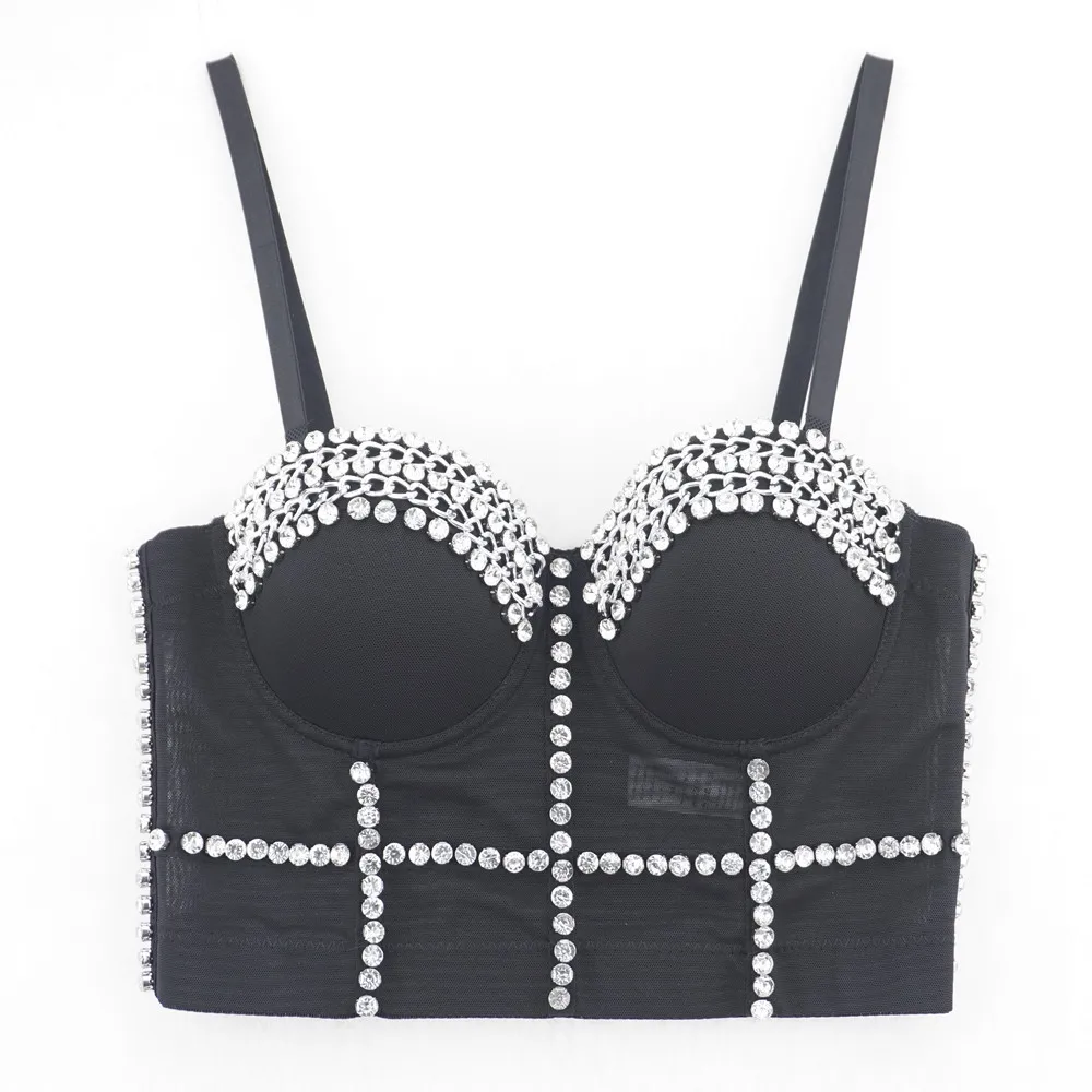 Camisola moldeadora fina de viento de Europa y Estados Unidos, camiseta interior con cuentas femeninas, ropa de actuación de baile callejero con diamantes brillantes