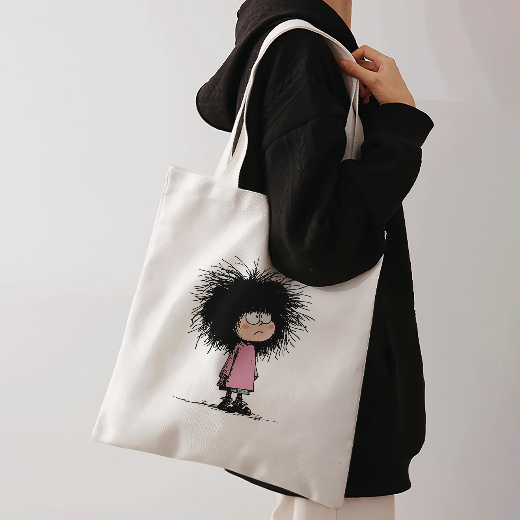 Cartoon Messy Hair Girl Mafalda Print Tote Bag 35x40cm Large Shoulder Handbag For Shopping Daily Underarm bag