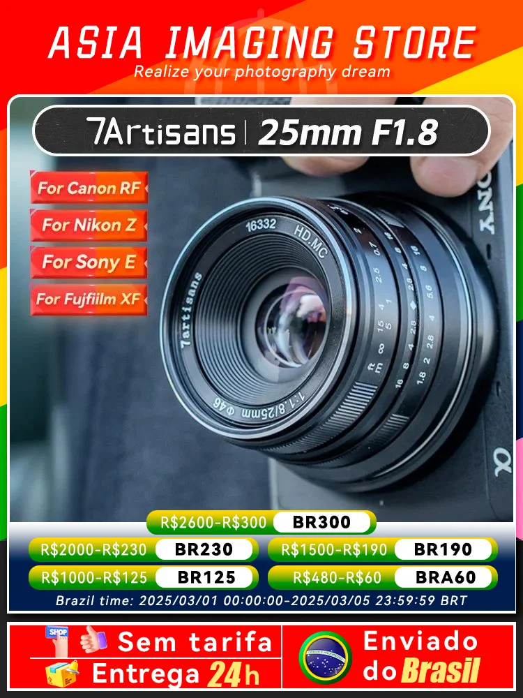 【 Do Brasil 】 7Artisans 25mm F1.8 Mirrorless Camera Wide Angle Lens for Sony Canon EF-M Fujifilm XF Nikon M4/3 7 Artisans 25 1.8