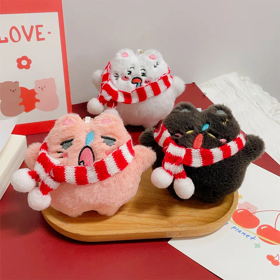 Original Cute Scarf Kitten Plush Doll Pendant Key Chain Winter Snot Cat Plush Doll Bag Decor Charm Keychain Birthday Small Gift