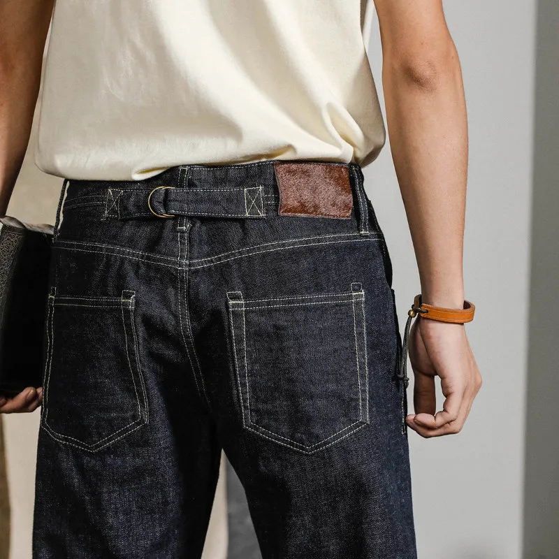 Vintage Men's 14oz Heavyweight Cotton Selvedge Raw Denim Jeans Straight Horsehide Leather Patch & Buckle Back Jeans Casual Pants