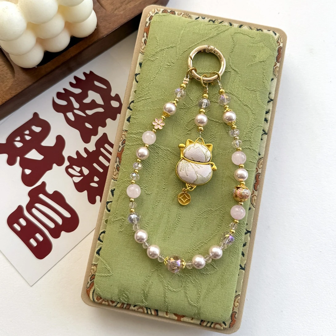 

Original Design Luxury Crystal Mobile Phone Chain Beaded Short Wrist Chain Chinese-Style Maneki-neko Hand-Made Lanyard Univesal