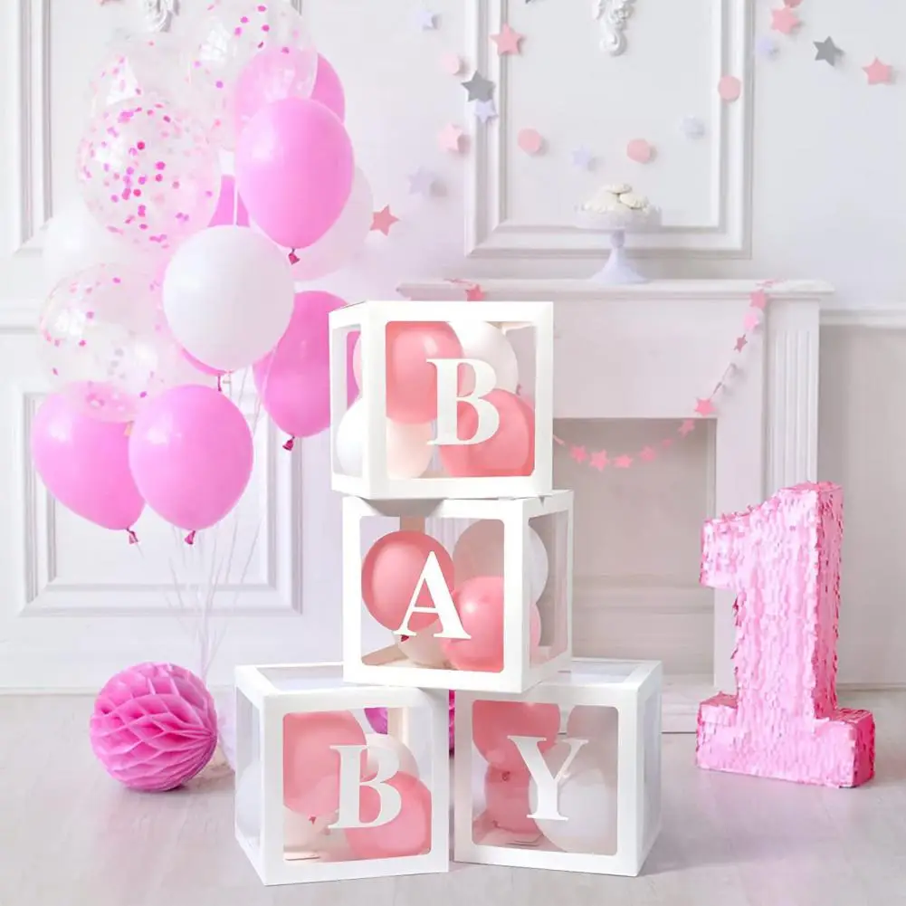 Balloon Box Reusable Clear Paper Box with Letter Stackable DIY Assembly 25 x 25cm Cube Box for Graduation Wedding Birthday Party