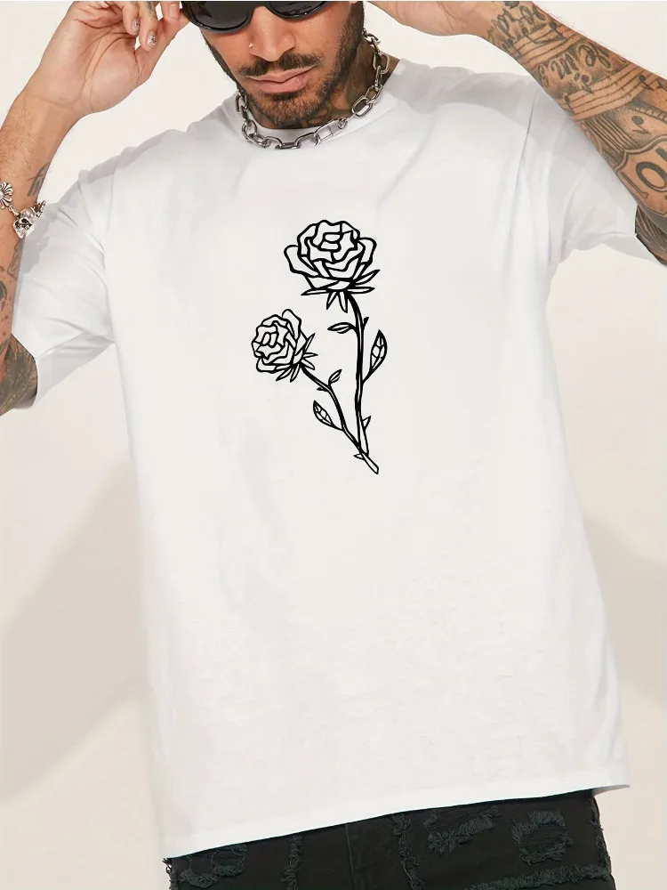 Men Summer Cotton Short Sleeve T Shirt Black Line Two Rose Stem Print Crew Neck Minimalist Aesthetic Street Casual Male Tee